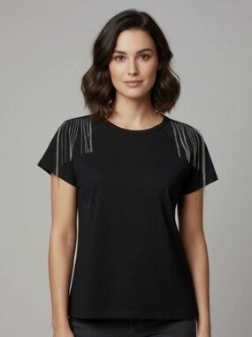 Rebecca Minkoff Black Short Sleeve Tee with Silver Chain Fringe Size M